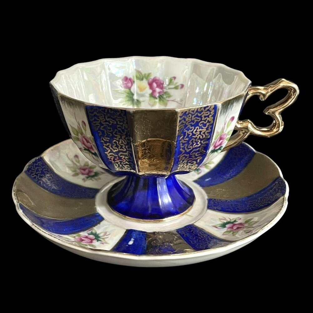 Vintage 1960s Shafford Lusterware Japan Scalloped Teacup and Saucer Set Filigree